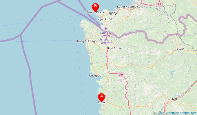 Map of ferry route between Porec and Piran